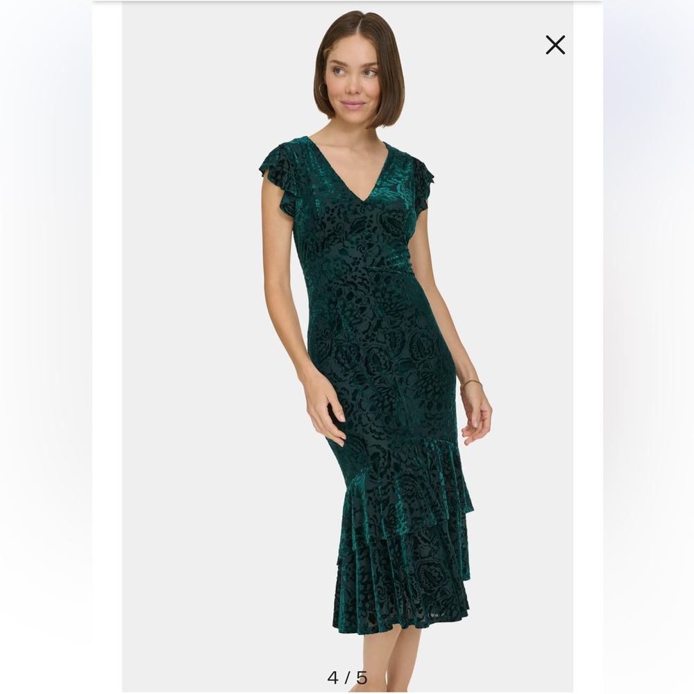 TH 18 Hunter Green Velour Floral Flutter Sleeve Empire Waist High Low Dress